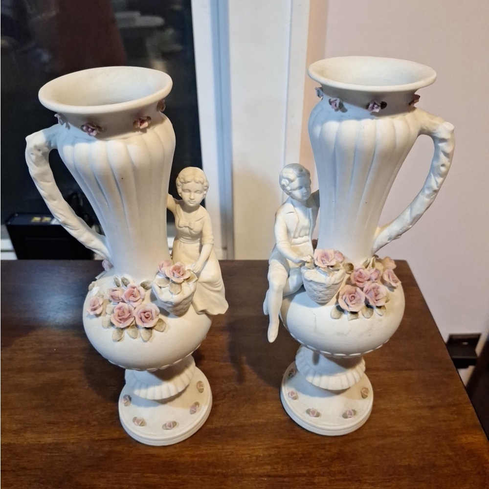 Vintage White and Pink Ceramic Vases with Floral Accents & Boy and Girl Figurine
